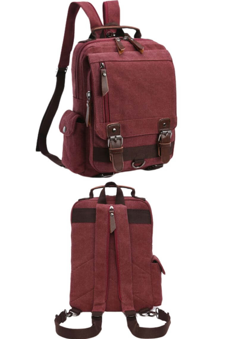 unisex burgundy canvas backpack with top handle convertible into a crossbody sling bag with multi zip pockets holds A4 books & 9.7 iPad for travel or everyday use