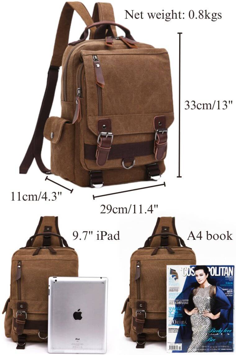 unisex washed canvas backpack with top handle convertible into a crossbody sling bag with multi zip pockets holds A4 books & 9.7 iPad for travel or everyday use