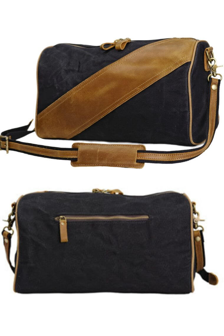 Unisex waterproof crossbody boston bag in black waxed canvas with leather trims for travel or everyday use