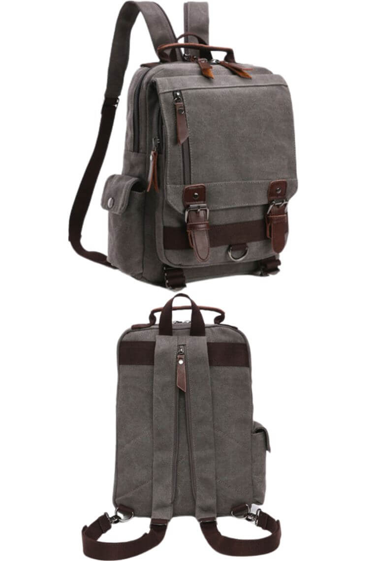 unisex grey canvas backpack with top handle convertible into a crossbody sling bag with multi zip pockets holds A4 books & 9.7 iPad for travel or everyday use