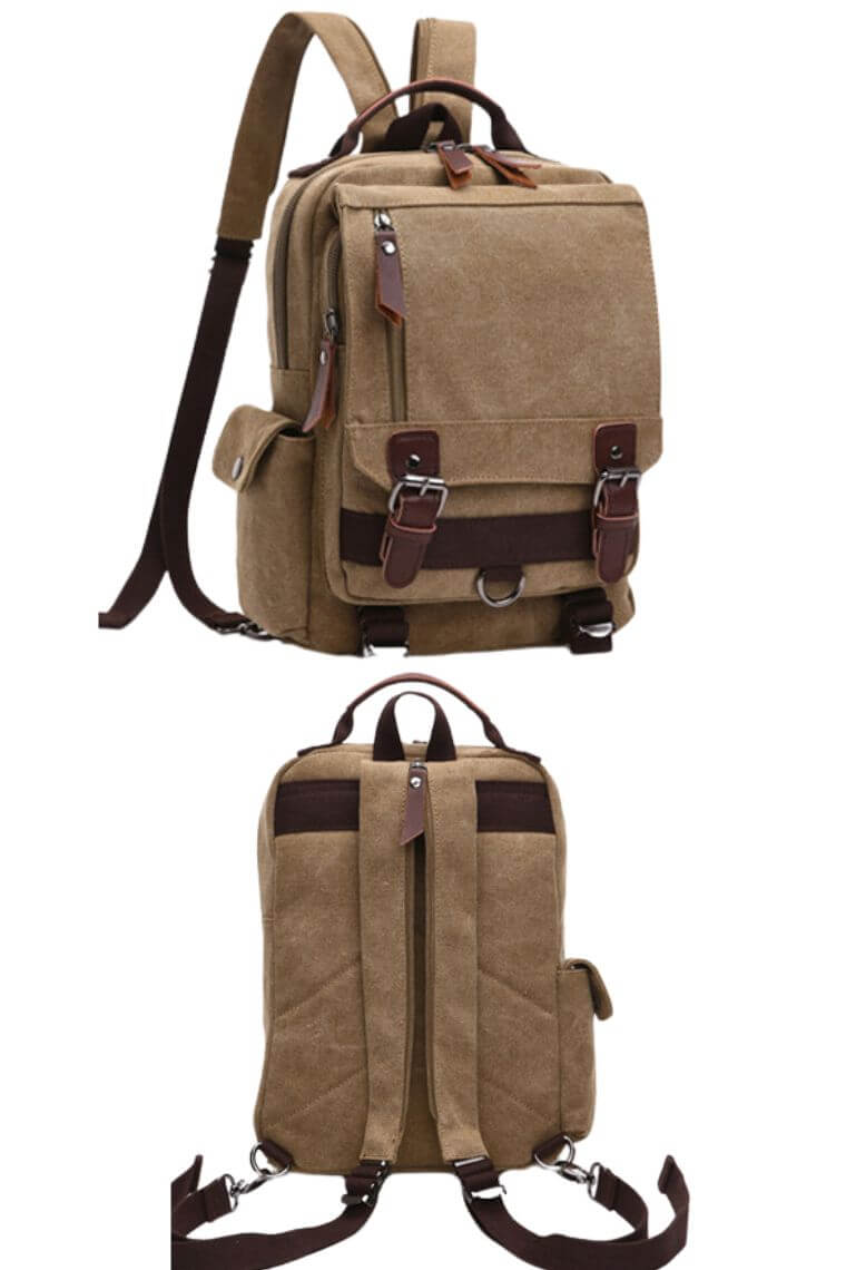 unisex khaki canvas backpack with top handle convertible into a crossbody sling bag with multi zip pockets holds A4 books & 9.7 iPad for travel or everyday use