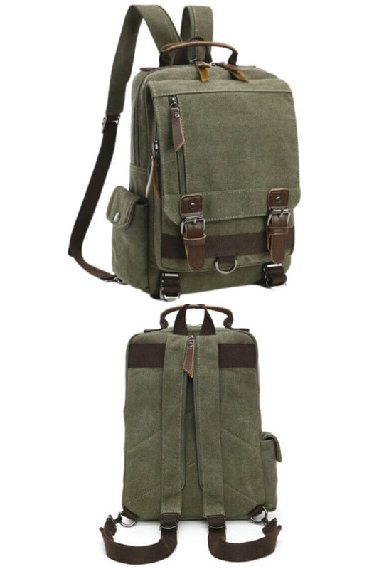 unisex olive canvas backpack with top handle convertible into a crossbody sling bag with multi zip pockets holds A4 books & 9.7 iPad for travel or everyday use