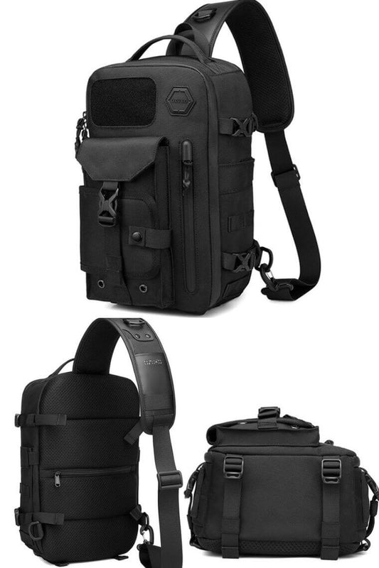 unique one strap backpack purse in water-resistant black fabric with concealed pockets convertible into a chest bag shoulder bag or crossbody sling bag for 12" iPad Pro, perfect for men or women