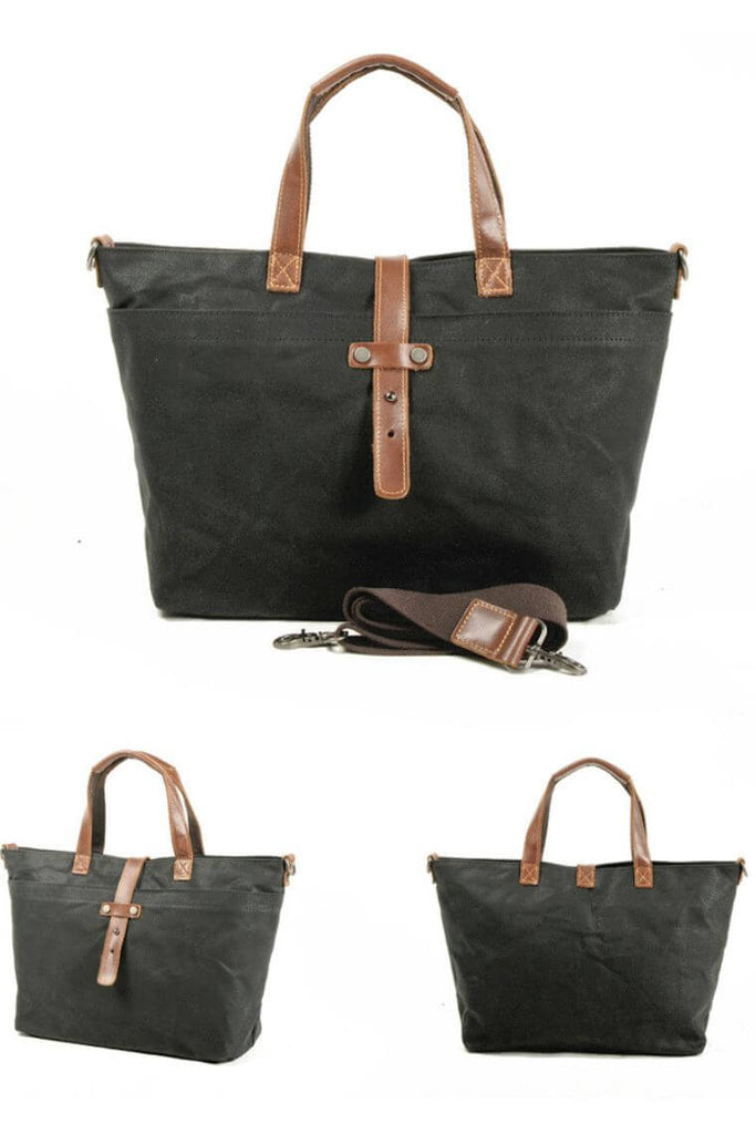 designer black tote bag in waterproof heavy duty waxed canvas with leather handles and crossbody strap for men or women