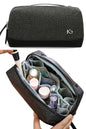 unisex black makeup bag with multi compartments to hold cosmetics or electronic accessories for travel or everyday use in waterproof Oxford fabric with top handle