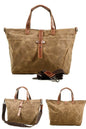 designer brown tote bag in waterproof heavy duty waxed canvas with leather handles and crossbody strap for men or women