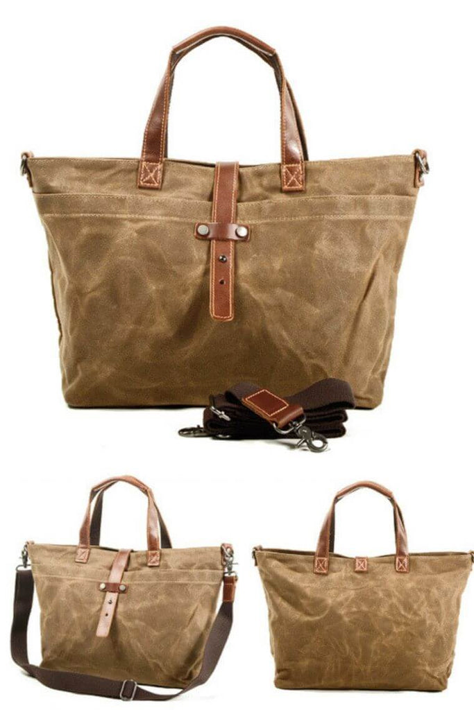 designer brown tote bag in waterproof heavy duty waxed canvas with leather handles and crossbody strap for men or women