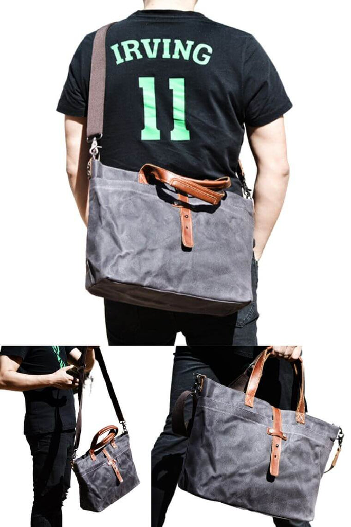 designer tote bag in waterproof heavy duty waxed canvas with leather handles and crossbody strap for men or women