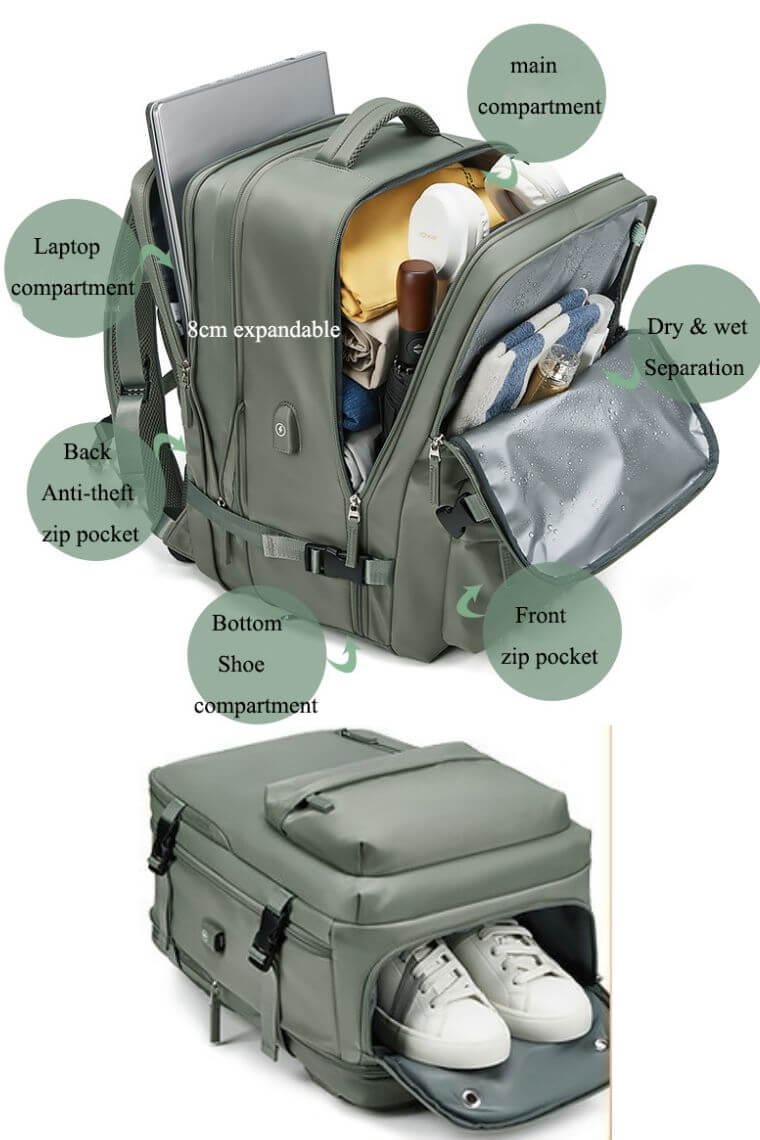 PIKOBAG Travel Expandable 16 Laptop Backpack in Waterproof Nylon W Shoe Compartment Army Green