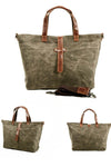 designer olive tote bag in waterproof heavy duty waxed canvas with leather handles and crossbody strap for men or women
