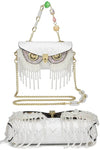 Designer white evening clutch bag with cute bling owl head and crossbody chain strap | Unique owl party bag with bling tassel and flap closure