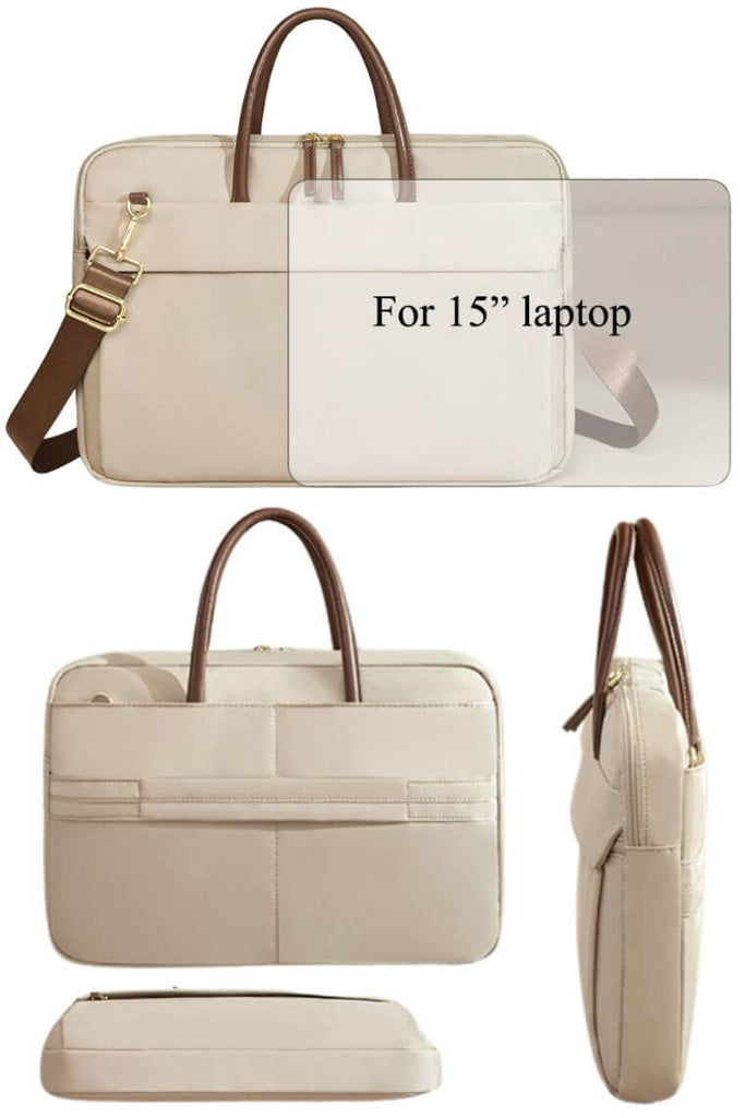 women 15 inch laptop tote bag with crossbody strap and trolley sleeve in beige waterproof oxford fabric for travel or work