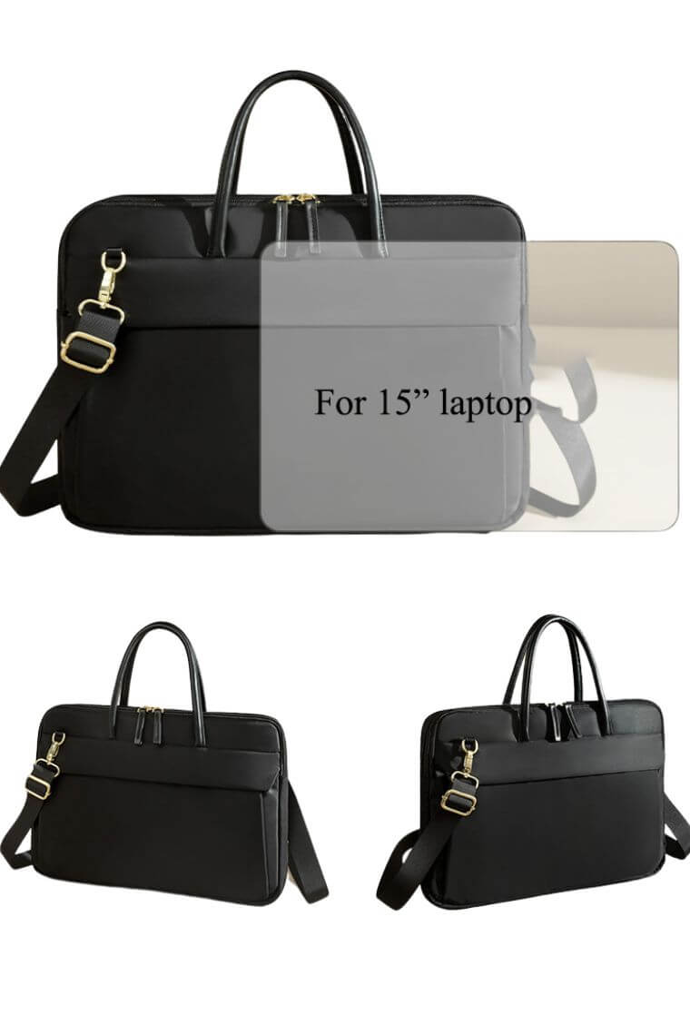 women 15 inch laptop tote bag with crossbody strap and trolley sleeve in black waterproof oxford fabric for travel or work