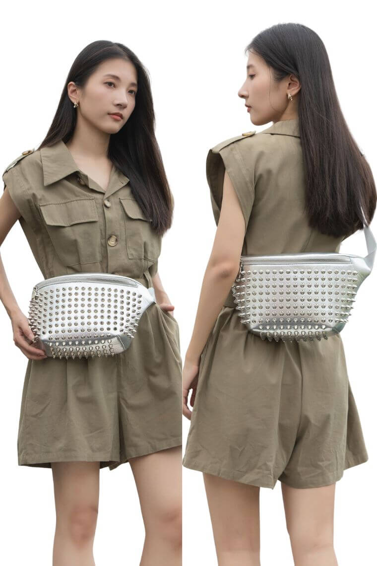 women designer crossbody belt bag fanny pack with punk studs in waterproof  silver vegan leather