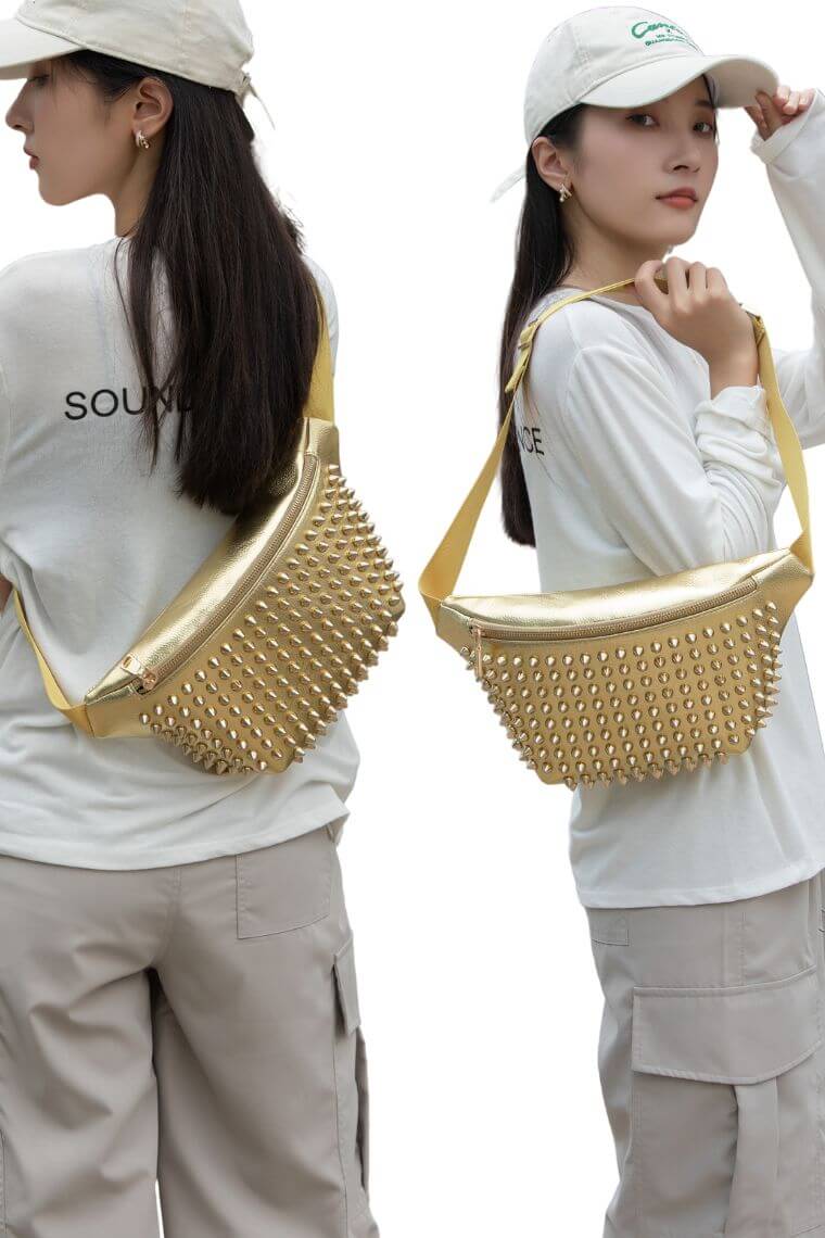 women designer crossbody belt bag fanny pack with punk studs in waterproof gold vegan leather