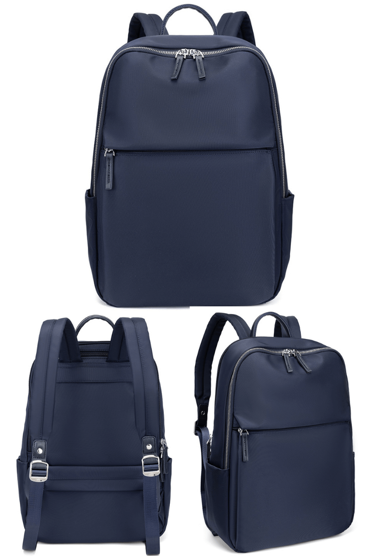 Fashion ladies' navy laptop backpack purse in lightweight water-resistant fabric with trolley sleeve for travel or business or everyday use