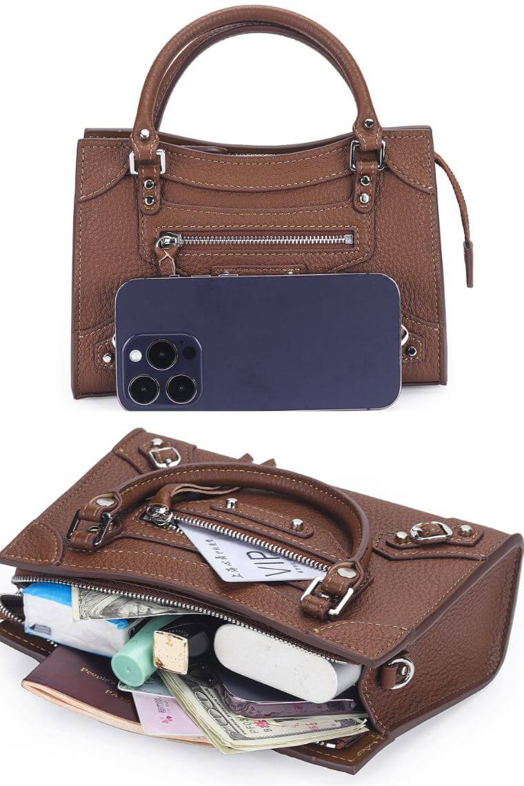 women stylish pebbled leather small satchel city bag with a hands-free crossbody strap and  top handles and multiple zip pockets for everyday use and fits for casual or formal occasions
