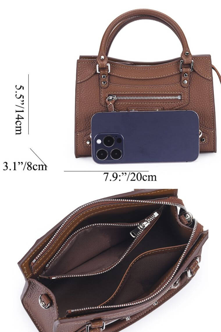 women stylish pebbled leather small satchel city bag with a hands-free crossbody strap and  top handles and multiple zip pockets for everyday use and fits for casual or formal occasions
