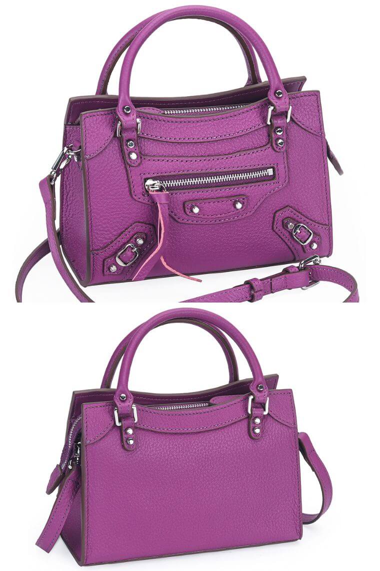 women fashion purple pebbled leather small satchel city bag with a hands-free crossbody strap and  top handles and multiple zip pockets for everyday use and fits for casual or formal occasions