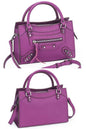 women fashion purple pebbled leather small satchel city bag with a hands-free crossbody strap and  top handles and multiple zip pockets for everyday use and fits for casual or formal occasions