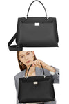 women designer briefcase in black leather with top handle and crossbody strap and 2 zip pockets for travel or work