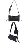 women black leather small crossbody messenger bag in cylinder shape with coin purse in two tone color
