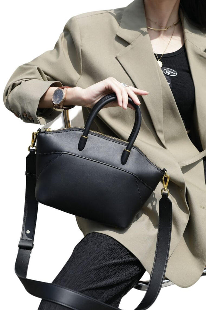 women black leather cross body tote bag with zipper closure, small size for Ipad Mini