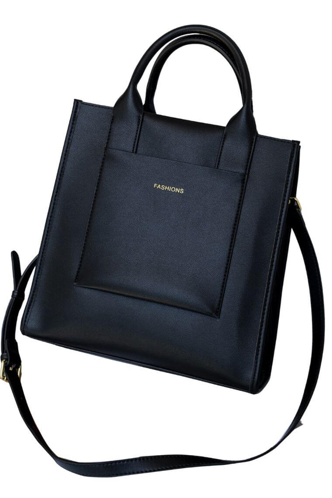 women black leather fashion square tote bag with zipper & cross body strap