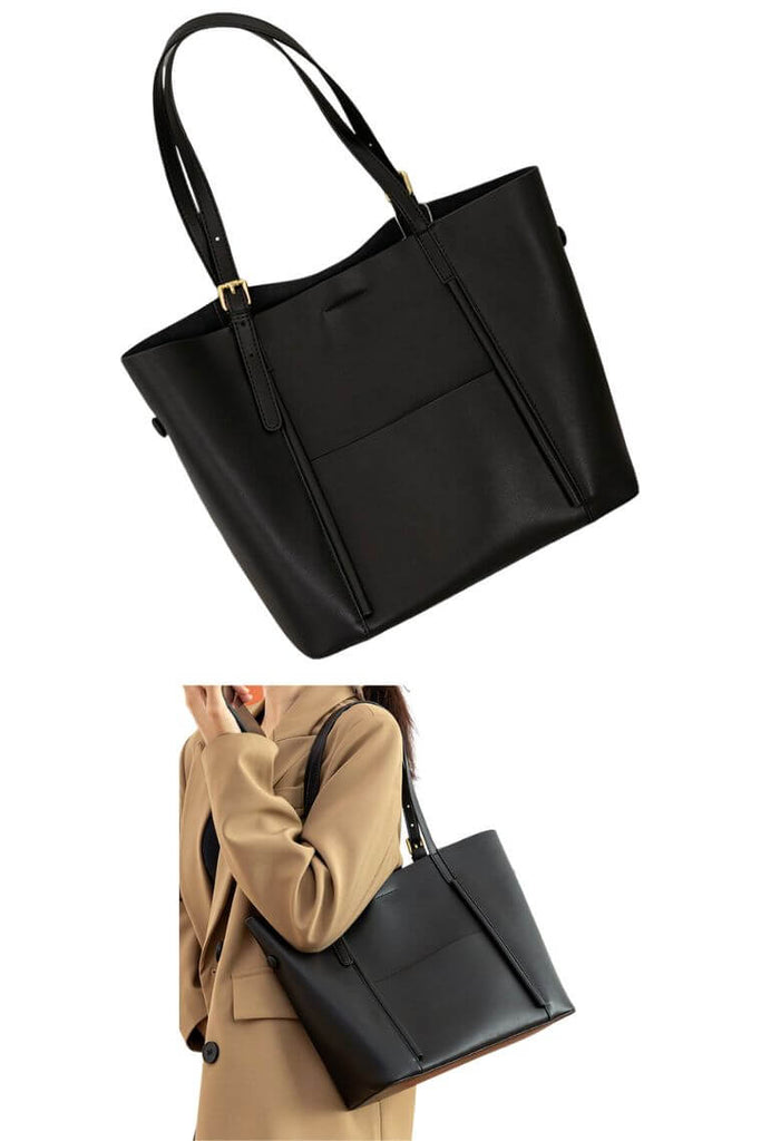 women black leather stylish tote bag with adjustable straps and small pouch for work or everyday use