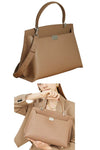 women designer briefcase in brown leather with top handle and crossbody strap and 2 zip pockets for travel or work