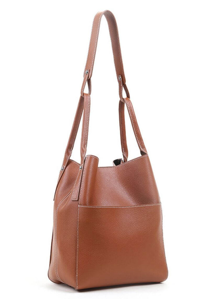 Women brown leather bucket bag | leather bucket bag with magnet closure | bucket purse with convertible straps | designer bucket bag with small purse | cute bucket bag in leather | brown bucket bag purse | shoulder bucket bag in leather | convertible bucket bag