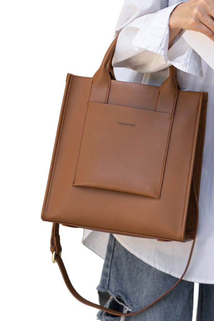 women brown leather fashion square tote bag with zipper & cross body strap