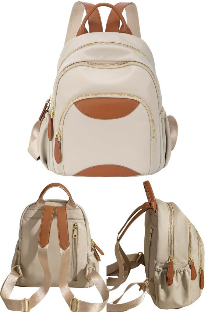 women colorblock travel backpack purse in waterproof beige nylon in medium size with multi pockets