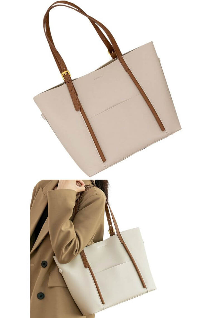 women cream leather stylish tote bag with adjustable straps and small pouch for work or everyday use