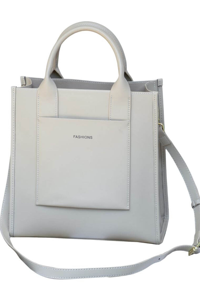 women cream white leather fashion square tote bag with zipper & cross body strap