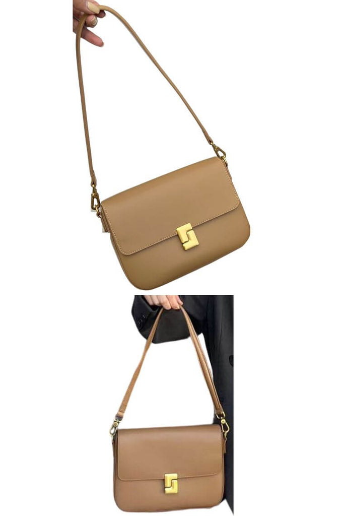 women crossbody square bag in cognac leather with lock flap closure and convertible shoulder strap