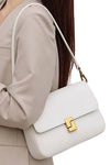 women crossbody square bag in white leather with lock flap closure and convertible shoulder strap