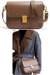 women crossbody square bag in brown leather with lock flap closure and convertible shoulder strap