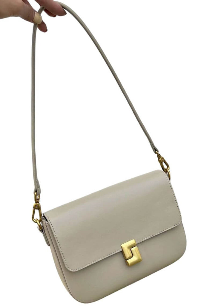women crossbody square bag in sand leather with lock flap closure and convertible shoulder strap