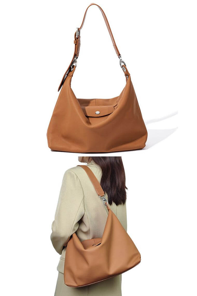 women designer brown swift leather shoulder bag with adjustable strap and flap closure