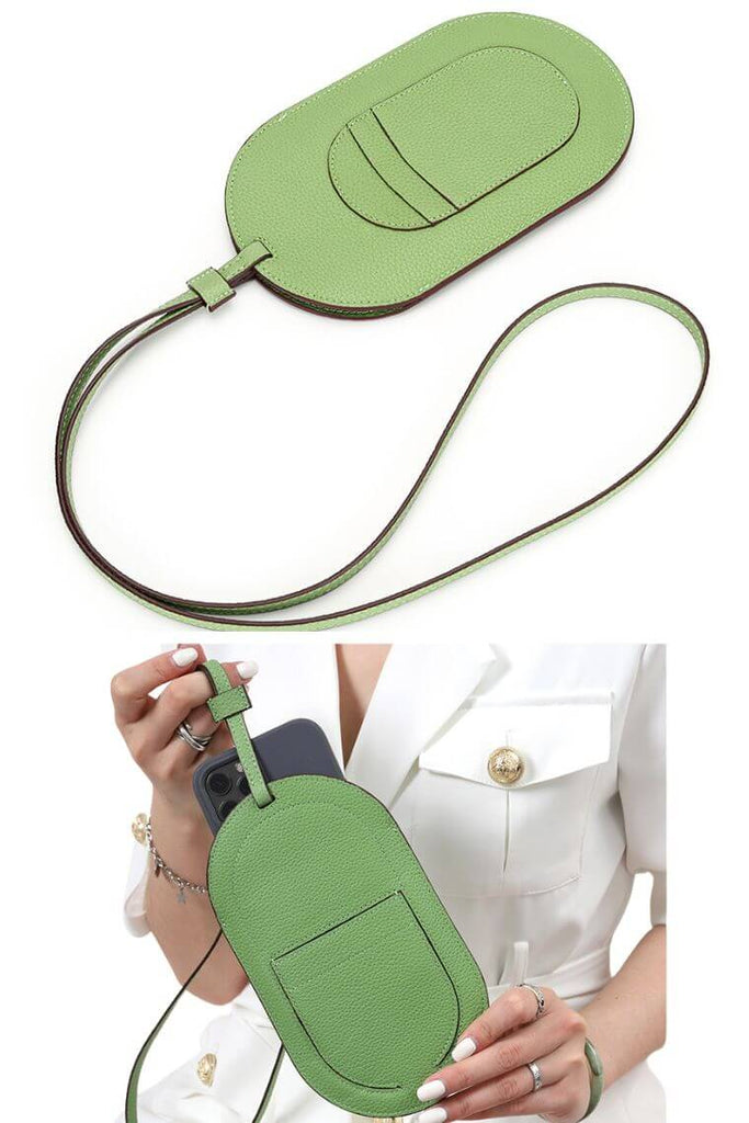 Designer phone lanyard in green leather with cardholder