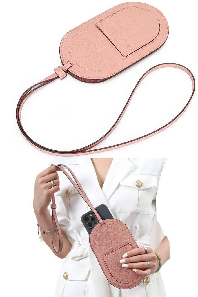 Designer phone lanyard in pink leather with cardholder