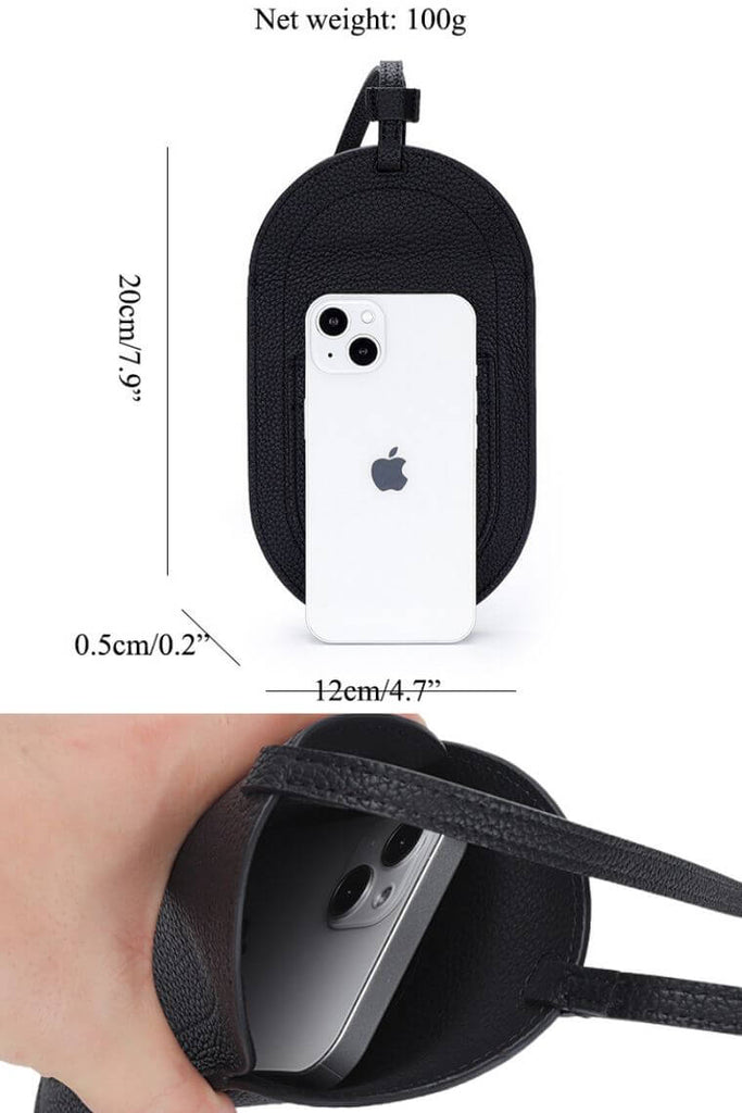 Designer phone lanyard in black leather with cardholder