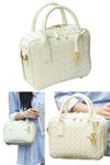 women designer small white tote bag in hand woven leather with crossbody strap and zipper closure in square shape