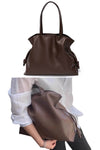Women designer best tote bag with drawstring in soft dark brown leather to hold 13 inch laptop for work or travel