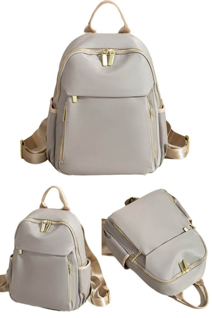 Women Travel Backpack Purse In Light Grey Waterproof Nylon With Multi Zip Pockets
