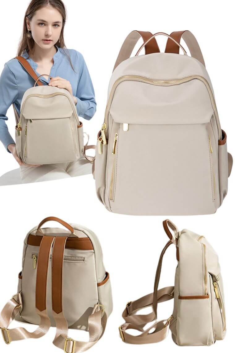 Women Travel Backpack Purse In Beige Waterproof Nylon With Multi Zip Pockets