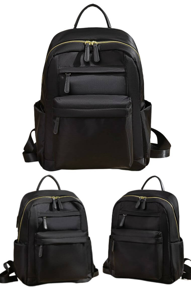 women designer laptop backpack purse in black water resistant fabric with trolley sleeve and many pockets for travel work or school