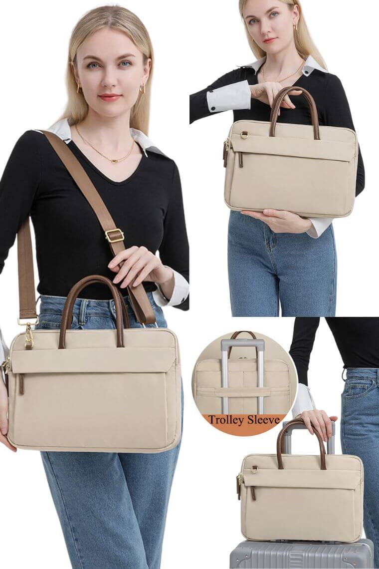 women stylish laptop tote bag with crossbody strap and trolley sleeve in waterproof oxford fabric for travel or work