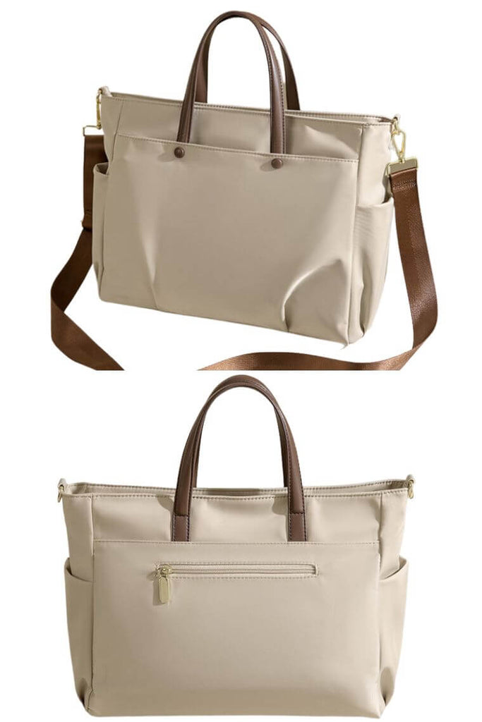 women laptop travel tote bag with crossbody strap in waterproof beige nylon with multi pockets | fashion business satchel handbag with laptop sleeve for 15" Macbook Air 